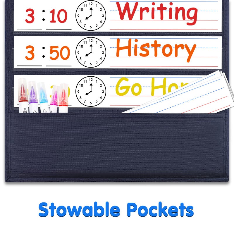 AUVCAS Daily Schedule Pocket Chart, Class Schedule with 13+1 Pockets 18 Dry Eraser Cards 2 Easy Over Door Mountings for Classroom, School, Office or Home (13â€ x 35.5â€) (Black) - Image 5